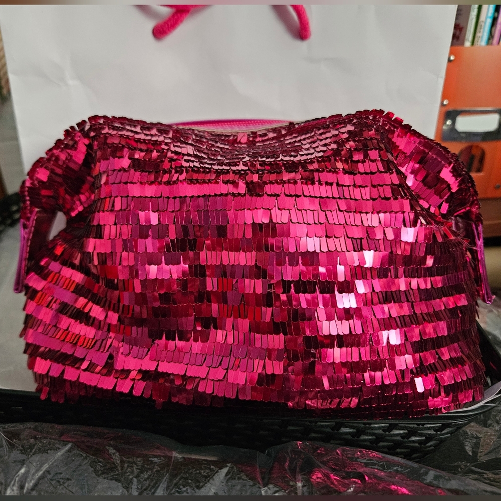 #126 Hot Pink Sequin Cosmetic Bag with Reflective Tiles